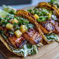 Grilled salmon tacos with mango salsa served on warm corn tortillas with fresh cabbage.  