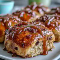 Soft spiced Hot Cross Buns with orange glaze, studded with currants, baked golden and ready for Easter brunch.  