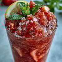 A frosty, vibrant frozen strawberry lemonade slushie in a clear glass, topped with fresh mint and lemon slices.