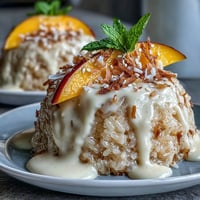 Individual cups of sweet coconut sticky rice topped with ripe mango slices and a drizzle of creamy coconut sauce.