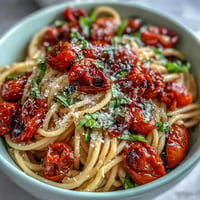 Juicy confit cherry tomatoes burst with sweet garlic flavor on al dente pasta.