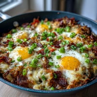 Loaded hash brown skillet with crispy edges, melty cheese, and runny eggs.